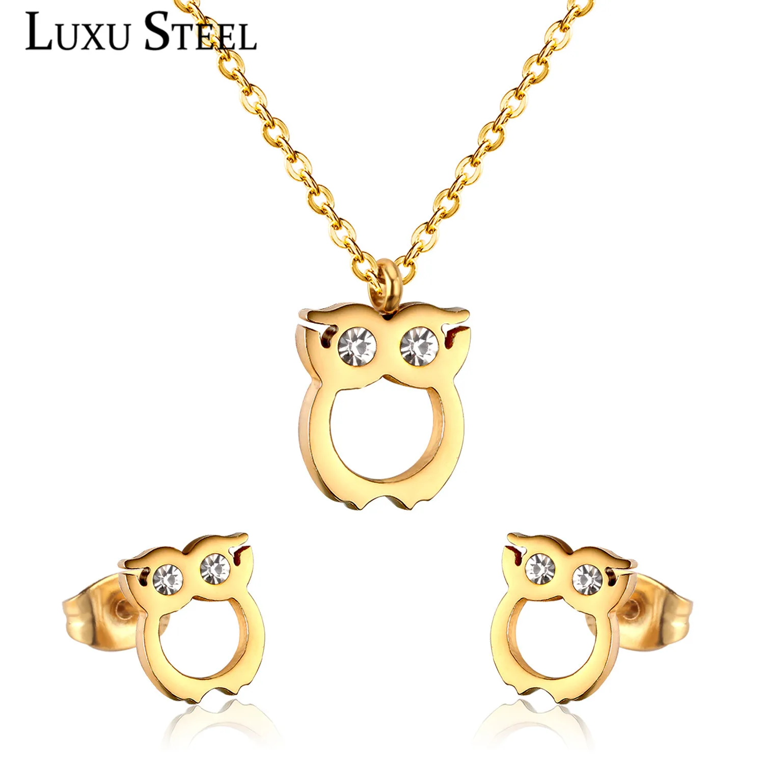 

LUXUSTEEL Delicate Jewelry Sets White/Black Cubic Zircon Owl Pendant Necklace Earrings Female Bijoux Party Wear Wholesale Gift