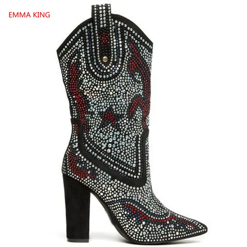 Denim Kristall Stiefel Geometrie Frauen Verzierte Licht as Heels Picture In Chunky Damen Shown Stiefeletten Picture Blau Spitz As 2018 Winter Schuhe Mode High PvpYqY