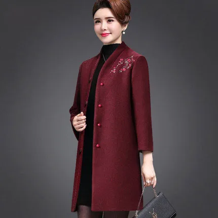 Модные зимние шерстяные куртки для женщин, тонко вышитые цветы, темперамент, тонкое длинное шерстяное пальто, высокое качество, зимняя женская куртка - Цвет: Бургундия