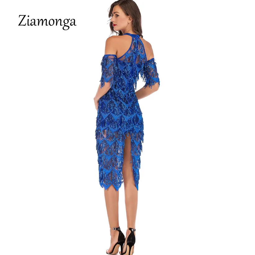 Ziamonga Elegant Sequin Evening Party Dress Vestido Verano New Mesh Runway Dress Sexy Night Club Tassels Women Fringe Dress