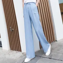 Джинсовая ткань, Tencel Широкие штаны Для женщин Высокая талия Harajuku корейской культур Palazzo Bleach Wash Молния Fly 2019 весенне-летние брюки