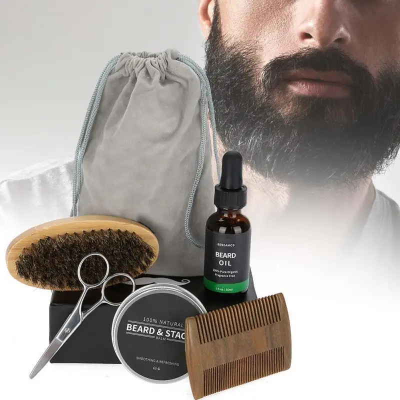 

5PCSSet Portable Men Beard Styling Shaping Cream Oil Brush Comb Scissor Mustache Hair Care
