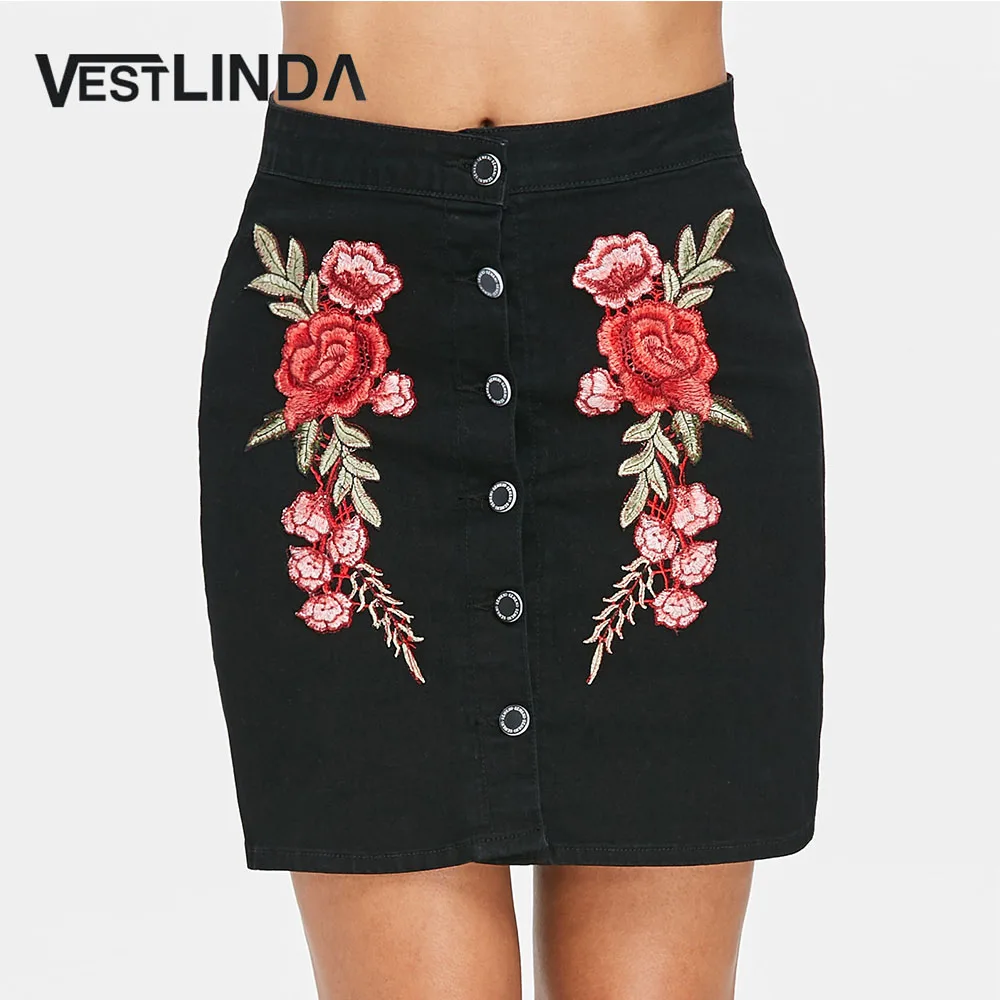 VESTLINDA Floral Embroidery Skirt Buttoned High Waist Skirt Women