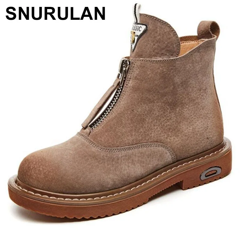 

SNURULANAnkle Boots for Women Genuine Leather Casual Shoes Booties Woman 2018 Lace-up Flat Brand Mar Boots Ladies bootsE571