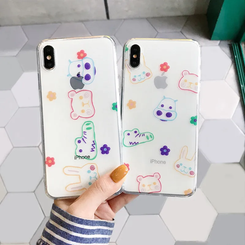 

Korea Ins Cute Cartoon Animal Transparent cover case for iphone 6 6S 7 8plus X XS XR Max Girl Soft TPU silicon phone couqe