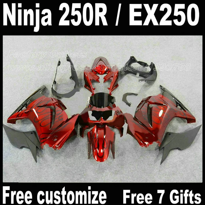 Комплект обтекателей для Kawasaki Ninja 250R Обтекатели 2008 - 2014 EX250 08 09-14 с черным пламенем