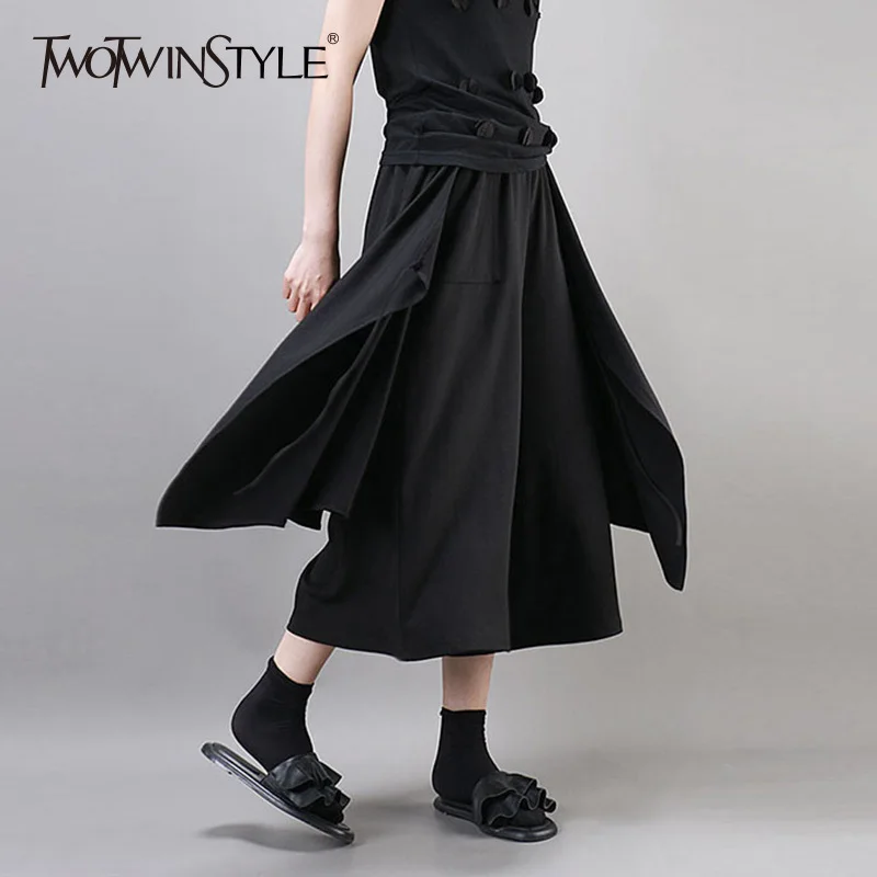 TWOTWINSTYLE Lace Up Pants Female Elastic High Waist Patchwork Black Wide Leg Trousers 2018 Spring Fashion Casual Clothing