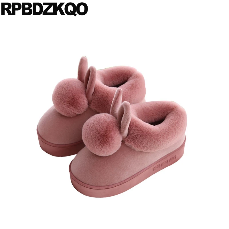 Милые Спальня Flatforms мех мягкий зима Нечеткие Для женщин Дом пушистые забавные плюшевые тапочки кролик Pom широкий покрой обувь дамы пушистый розовый