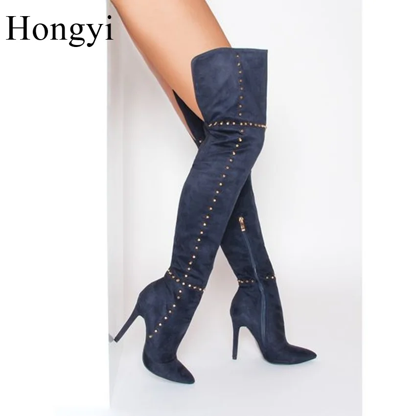 

Hongyi 10cm thin high heels sexy pointed toe slim fit ovre the knee boots women suede leather rivets thigh high boots Big size