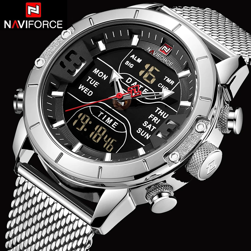 NAVIFORCE мужские s часы лучший бренд класса люкс для мужчин сетчатый ремешок 30 м водонепроницаемый Miliary двойной дисплей спортивные часы наручные часы серебро