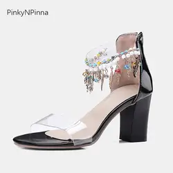 2019 для женщин Прозрачные Сандалии Мода лакированная кожа богемный стиль Кристалл бусины Винтаж обувь 80 мм обувь на низком каблуке размер 41