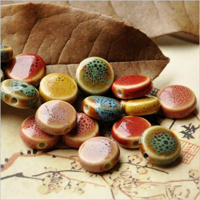 

20pcs 14mm Round Flat Flower Glaze Ceramic Porcelain Beads Loose Spacer Beads Beads For Jewelry Making Diy Bracelet Findings