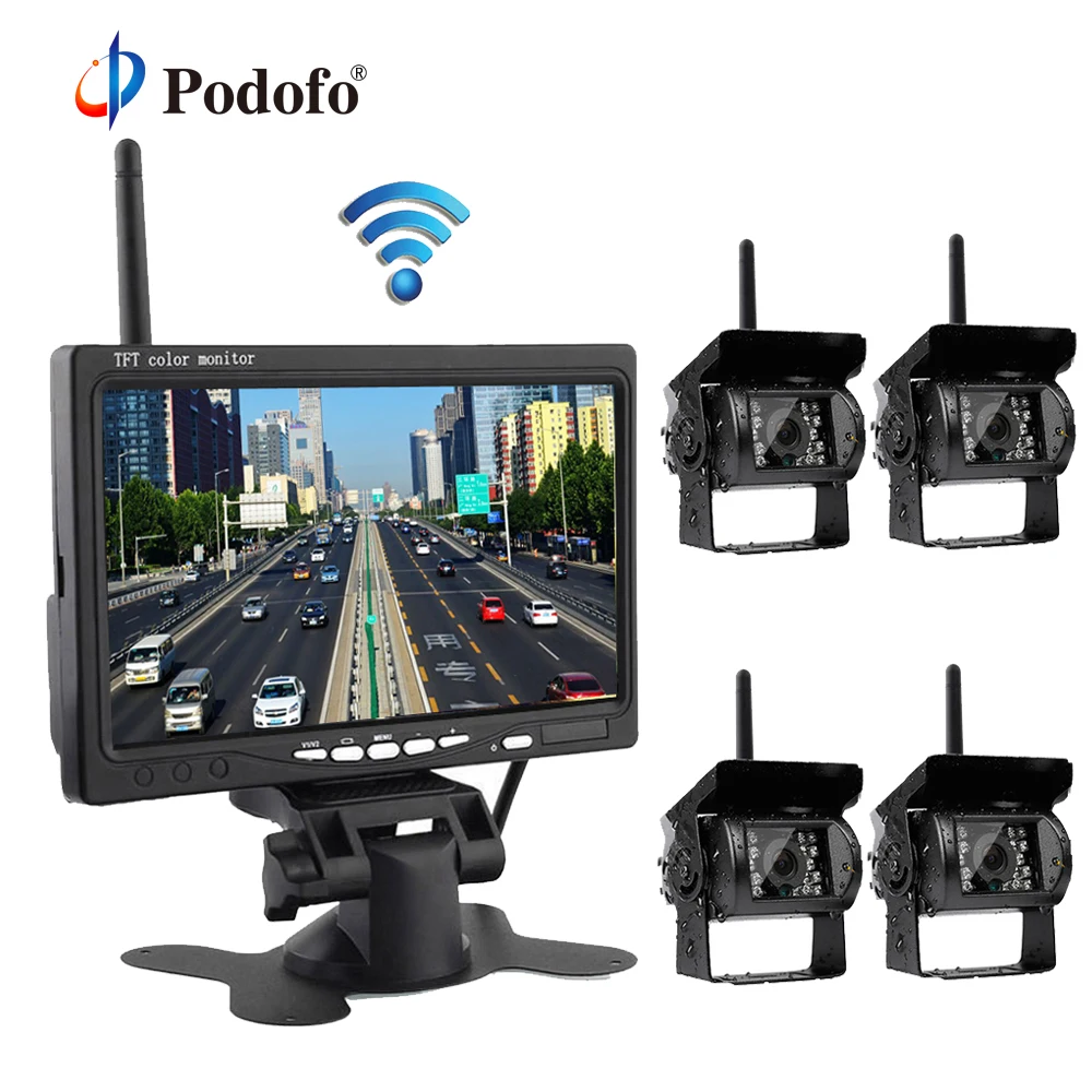 

Podofo 7" Rear View Monitor with Waterproof IR Night Vision Wireless 4 Backup Cameras for RV Truck Bus Parking Assistance System