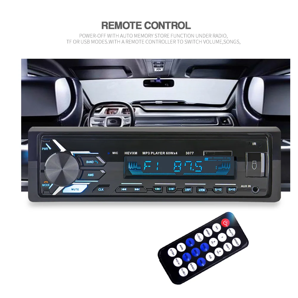 HEVXM 3077 Bluetooth Radio 12V Aux Input Stereo Audio In-dash 1 Din FM USB Remote Control Receiver Car Audio Auto MP3 Player