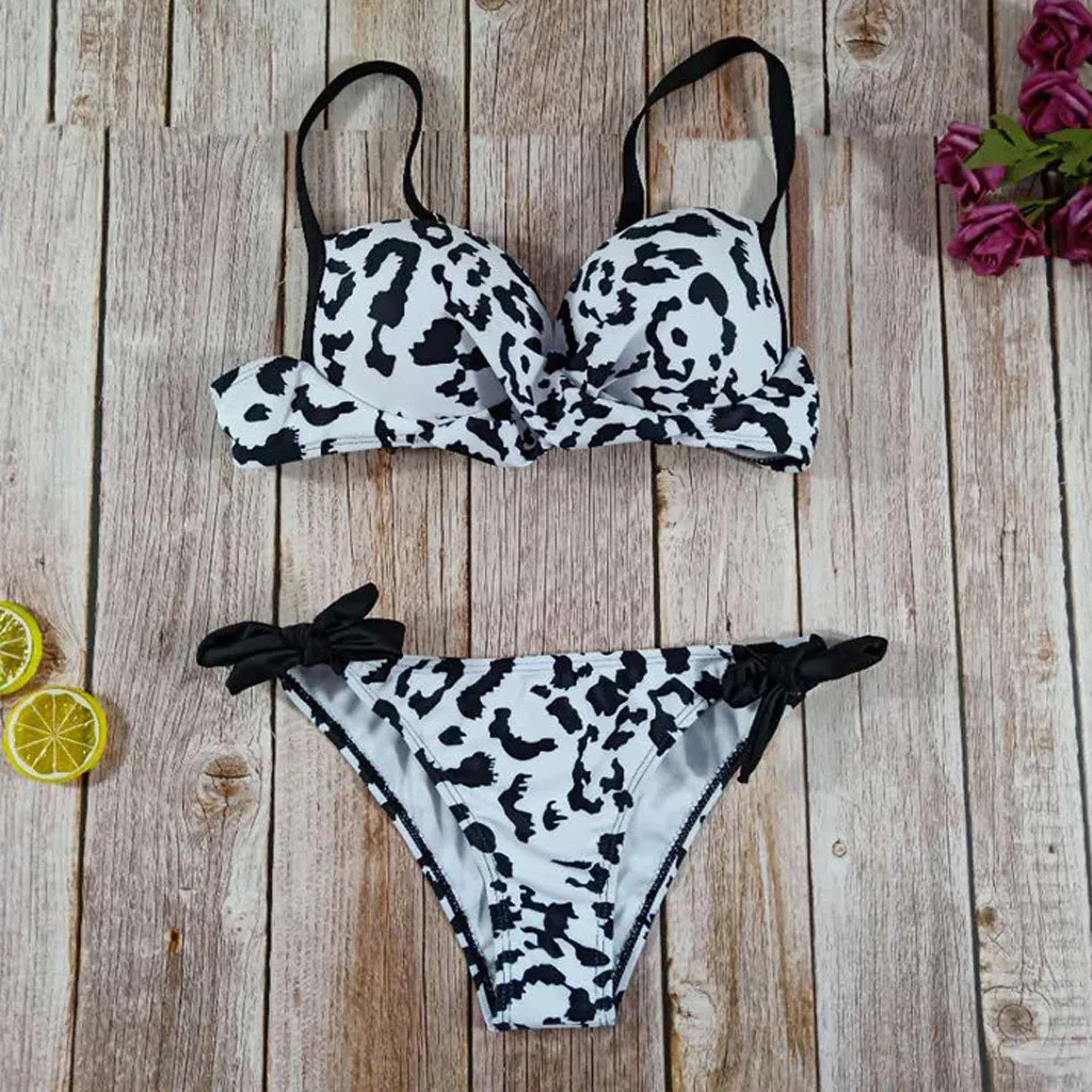 

Women Patchwork Leopard Bikini Push Up Pad Swimwear Strap Bowknot Swim Suit Bikini 2019 Mujer Thong Bikini Maillot De Bain Femme