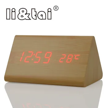 

Bamboo Wooden LED Alarm Clock Temperature Sounds Control Calendar Wood LED Display Electronic Digital Alarm Clock Table Clocks