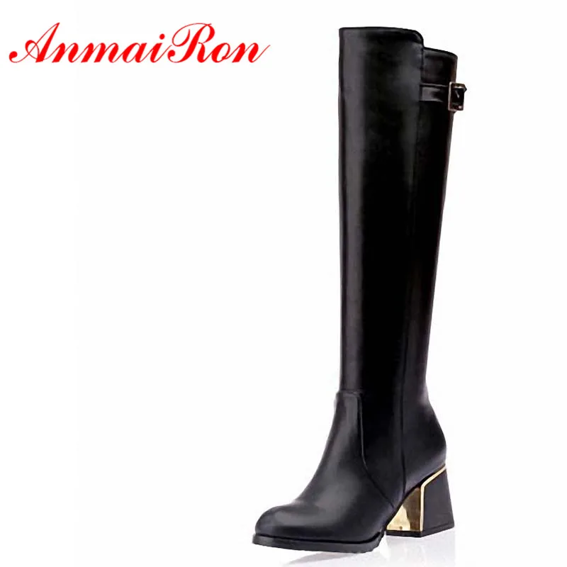 

ANMAIRON Big Size 34-47 New Autumn Winter Boots Knee Boots for Women Shoes Motorcycle Boots Buckle Fashion Sexy Apricot Black