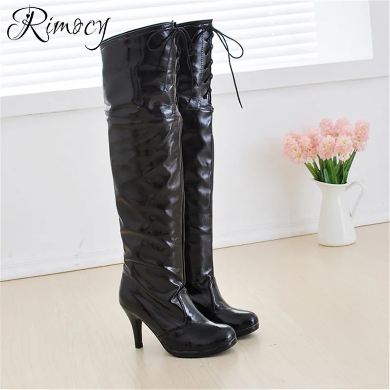 Botines Longues Le Genou 2019 Croix Bottes Stiletto Rimocy Printemps Hauts Talons Chaussures rouge Cuir Femmes En Noir Femme Sur Mujer blanc Liée Verni T13lcF5uKJ