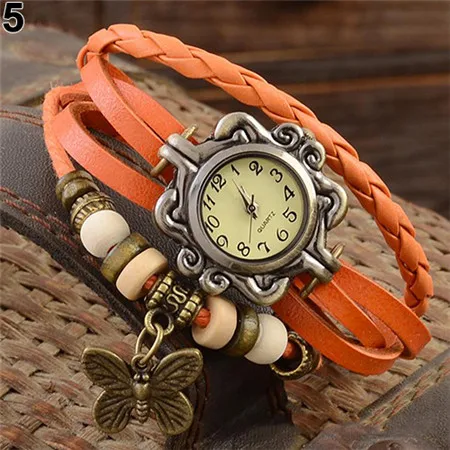 Женские повседневные винтажные Многослойные наручные часы-браслет из искусственной кожи с бабочкой - Цвет: orange