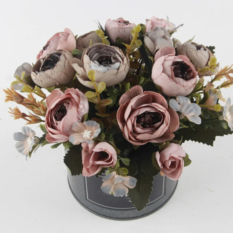 Искусственный цветок розы Горшечное растение мини бонсай набор Настоящее прикосновение поддельные Цветочные букеты для свадебного украшения вечерние товары для дома - Цвет: Gray