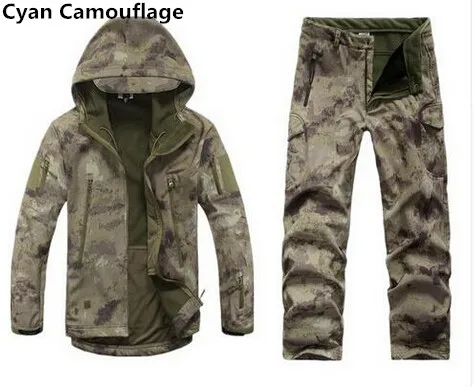 Военные тактические комплекты, Мужская одежда для охоты, спортивный костюм для активного отдыха, походный кемпинг, водонепроницаемая куртка из кожи шаровары+ штаны - Цвет: Cyan Camouflage