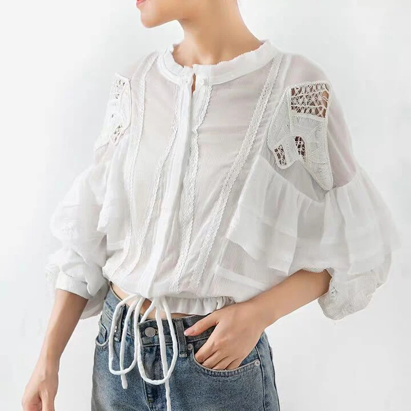 

2019 Autumn Arrival Lace Patchwork Woman White Tops Long Sleeve Ruffles Drawstring Lace Hollow Out Fashion Shirts