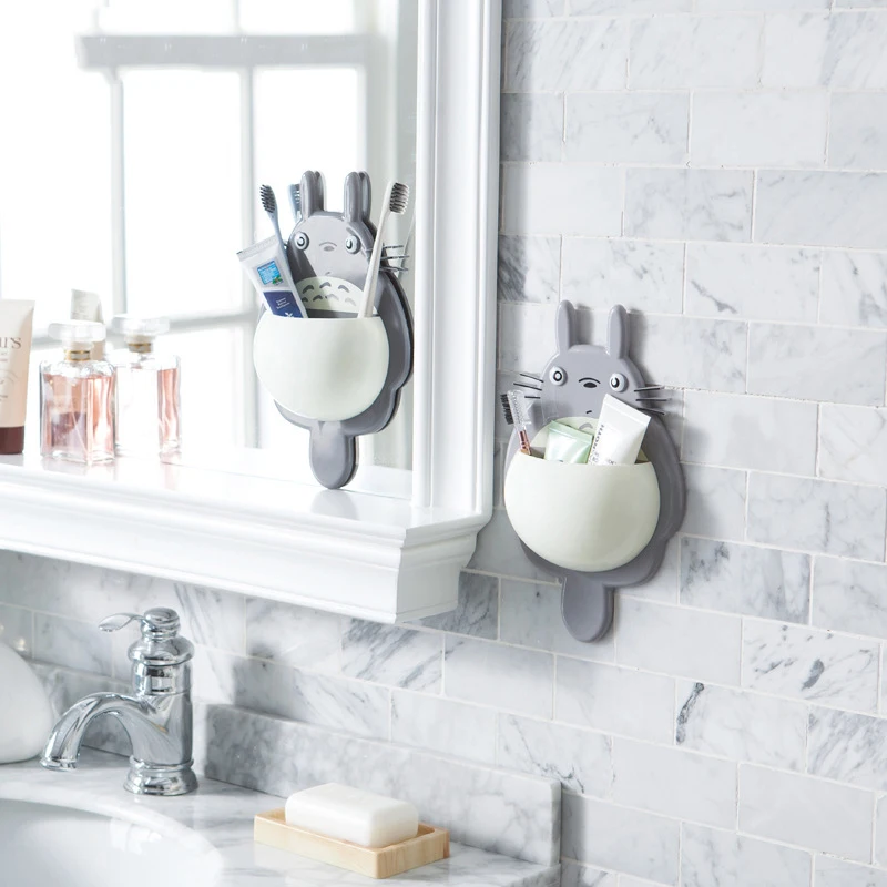 

1PC Cartoon Totoro Home Bathroom Toothbrush Holder Wall Mounted Type Bathroom Shelves Suction Cup Toothpaste Storage Rack 0