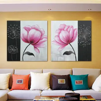 

100% Handmade Modern Rose Oil Painting Blossom Lily Flower Picture Purple Home Wall Designs Art 2 Piece Set Home Decoration Sale