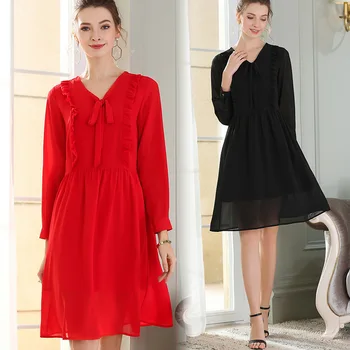 

New2018Spring Fashion Ladies Plus size chiffon dress pinched waist elegant one-piece dresses female casual vestidos 3XL 4XL 5XL