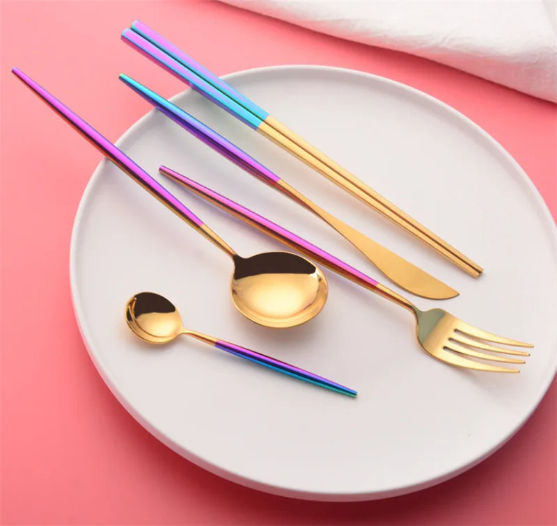 

Colorful Dinner Set Cutlery 304 Stainless Steel Western Dinnerware Rainbow Dinnerware Knife Fork Tableware