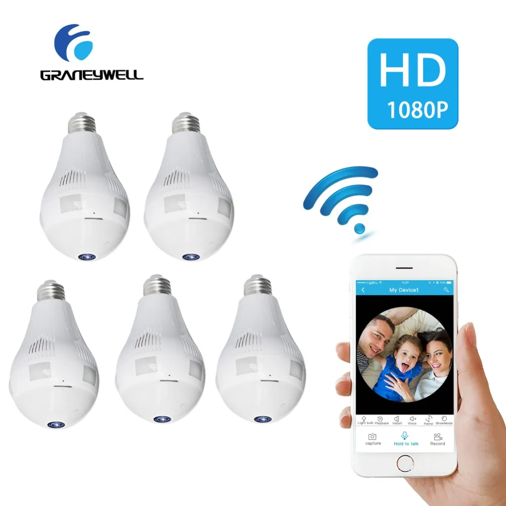 

5 PCS 1080P Wireless IP Camera Bulb Light FishEye Smart Home Security CCTV 3D VR Camera 2MP Home Security WiFi Camera Panoramic