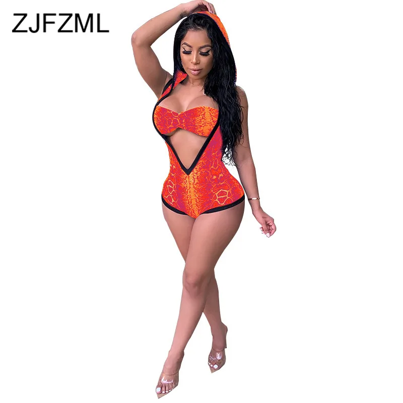 

Snake Skin Print 2 Piece Matching Set Women Festival Clothing Off The Shoulder Crop Top +Hooded Sleeveless Beach Short Playsuit