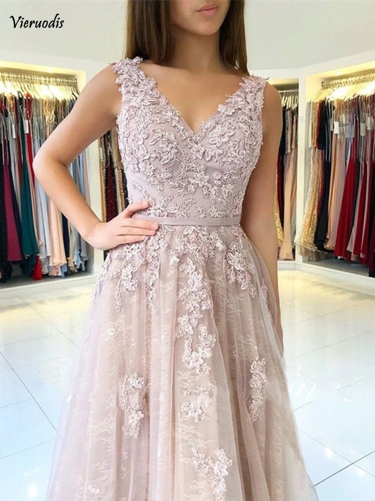 17-1             Elegant Evening Dresses 2018 V-Neck A-Line Appliques Lace Islamic Dubai Kaftan Saudi Arabic Pink Evening Gown Long Prom Dress