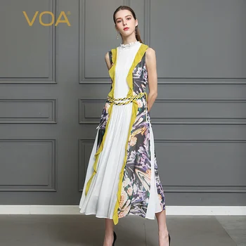 

VOA Silk Georgette Pleated Long Dress Women Plus Size 5XL Romance Print Boho Sleeveless Belt Ruffles Slim Casual Cute A350