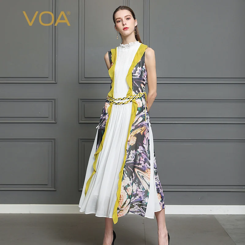 VOA Zijde Georgette Geplooide Lange Jurk Vrouwen Plus Size 5XL Romantiek Print Boho Mouwloze Riem Ruches Slim Casual Leuke A350 VOA Zijde Georgette Geplooide Lange Jurk Vrouwen Plus Size 5XL Romantiek Print Boho Mouwloze Riem Ruches Slim Casual Leuke A350