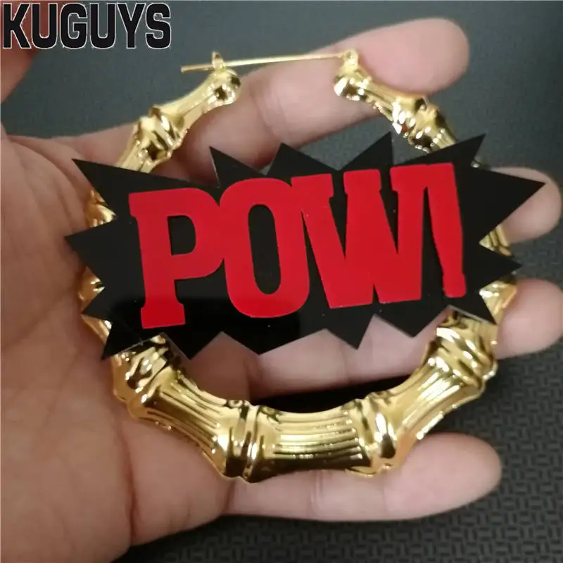Kuguys Мода акриловые изделия изготовленные на заказ Золото Bamboo большой Серьги-кольца для Для женщин brincos хип-хоп рок красный Pow Серьги Pendientes
