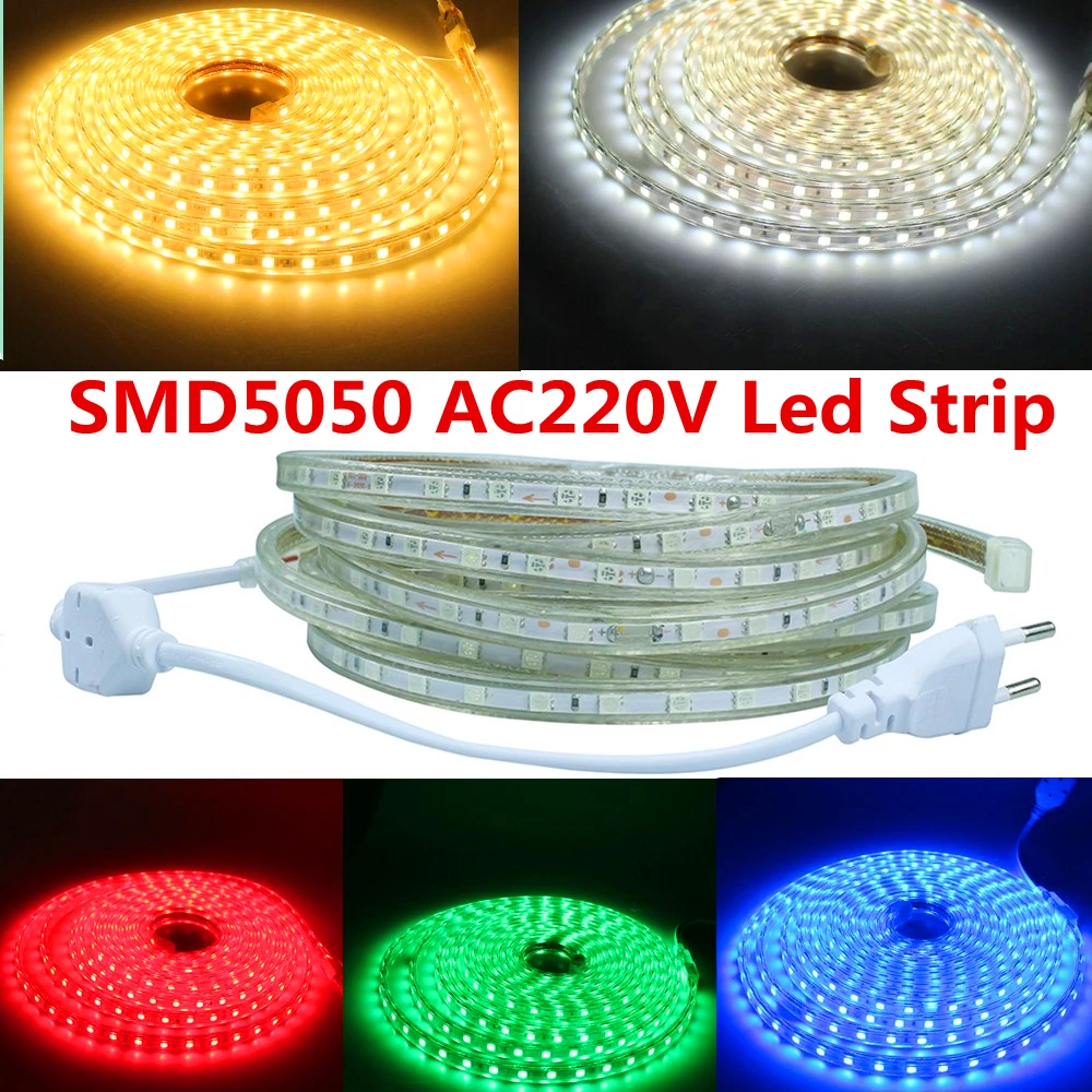 Светодиодная лента SMD 5050 220В LEDled газа водонепроницаемый гибкие бар свет 60led/М 6 М~ 25 М с вилкой ЕС открытый украшения сада