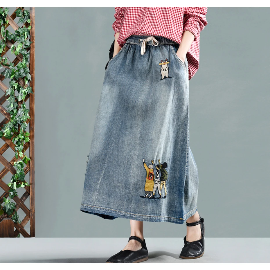 Женская джинсовая юбка ретро винтажная модная длинная свободная юбка с эластичной резинкой на талии с вышивкой персонажа мультфильма AZ39172724