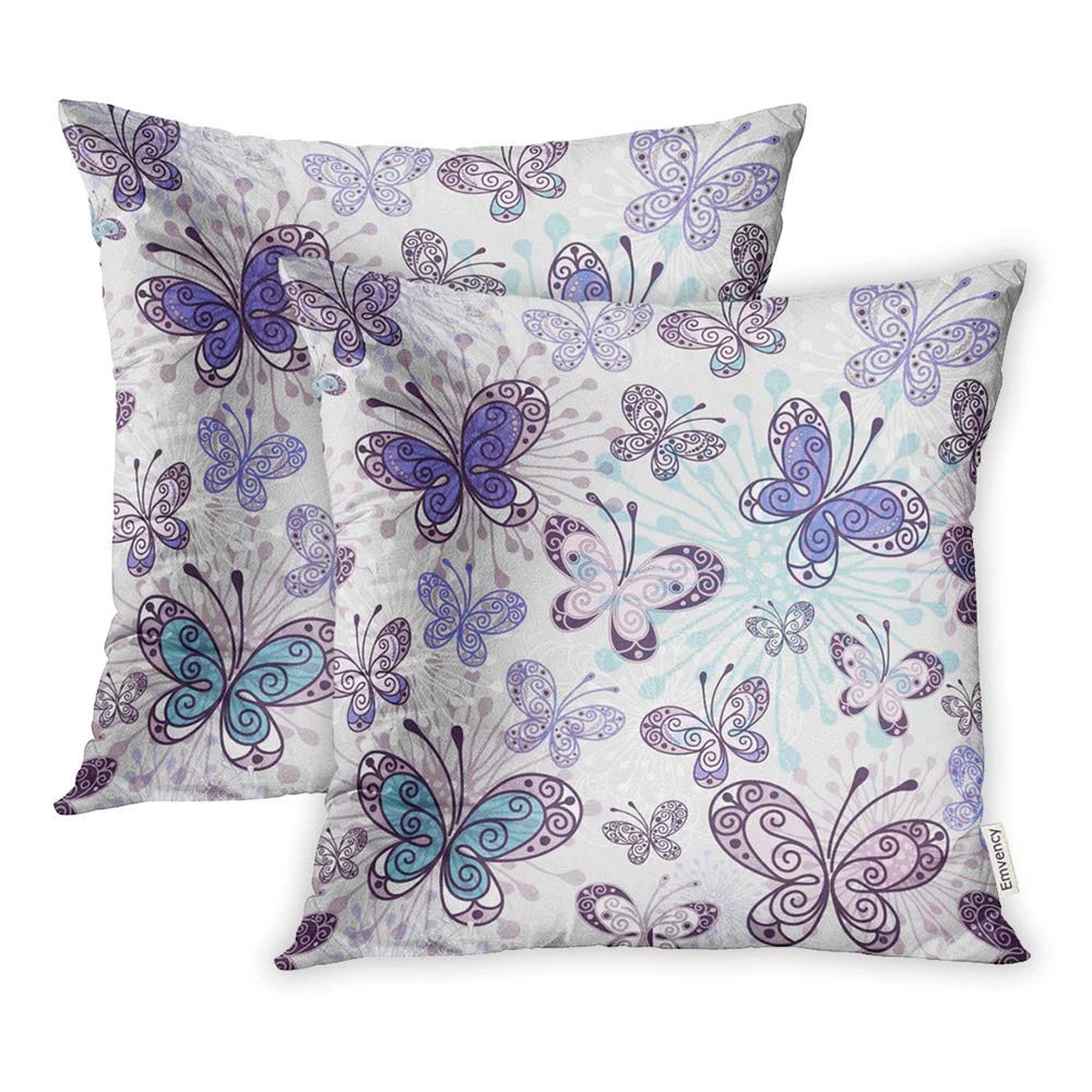 スロー枕カバープリントグレー蝶バイオレットブルー蝶紫の花枕カバースクエアホームベッド 枕カバー Aliexpress