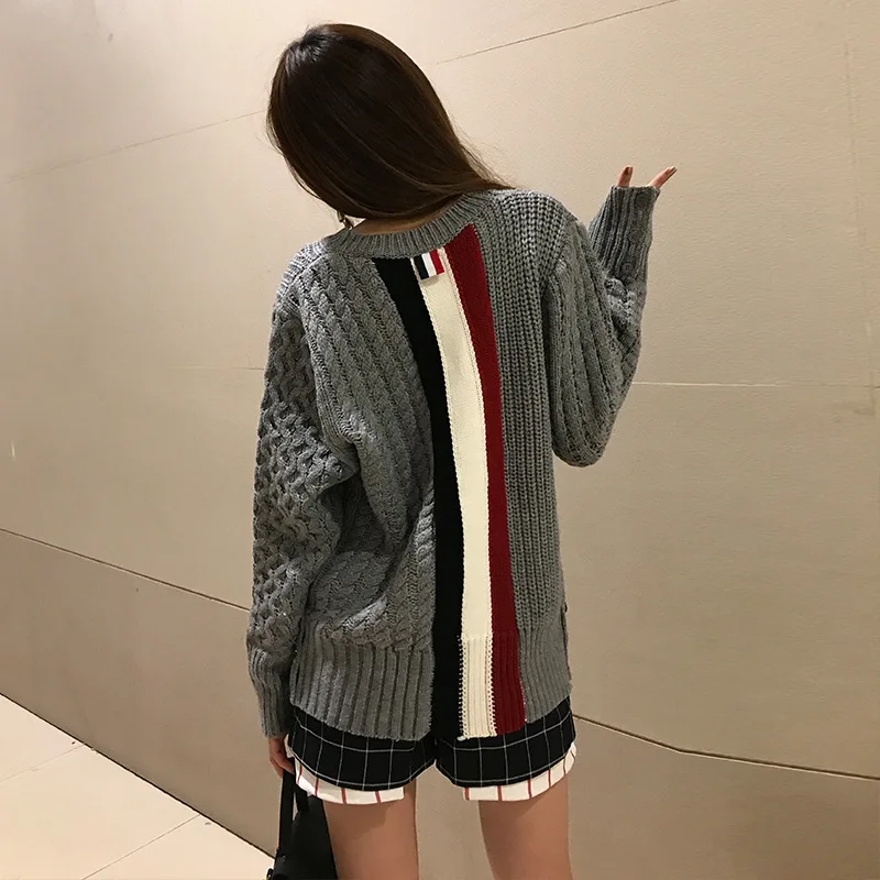 2019 College Style Back Color Matching Hong Kong Style TB Pullover Women Loose Twist Hem Split Round Neck Thickened Sweater 2019 College Style Back Color Matching Hong Kong Style TB Pullover Women Loose Twist Hem Split Round Neck Thickened Sweater