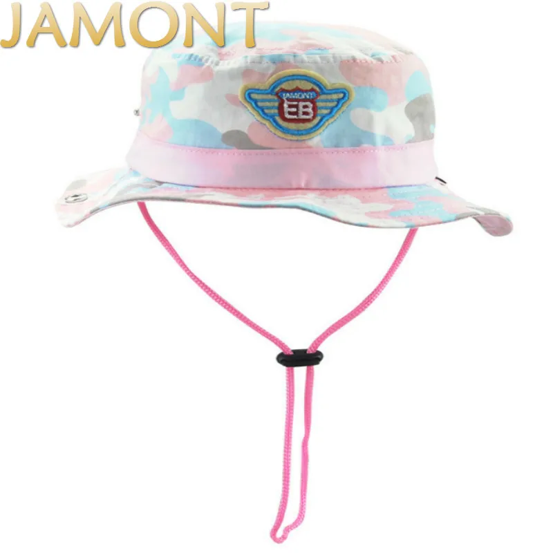 [JAMONT]Children Camo Summer Beach Hats With String Kids Wide Brim