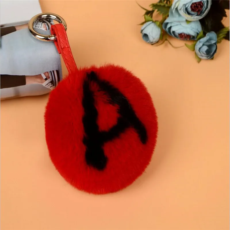 

10cm Fur Ball Fluffy Initial Pom Pom Keychain Handmade Faux Rabbit Fur Ball Key Chains Bag Charm Alphabet Letter Pompom key ring