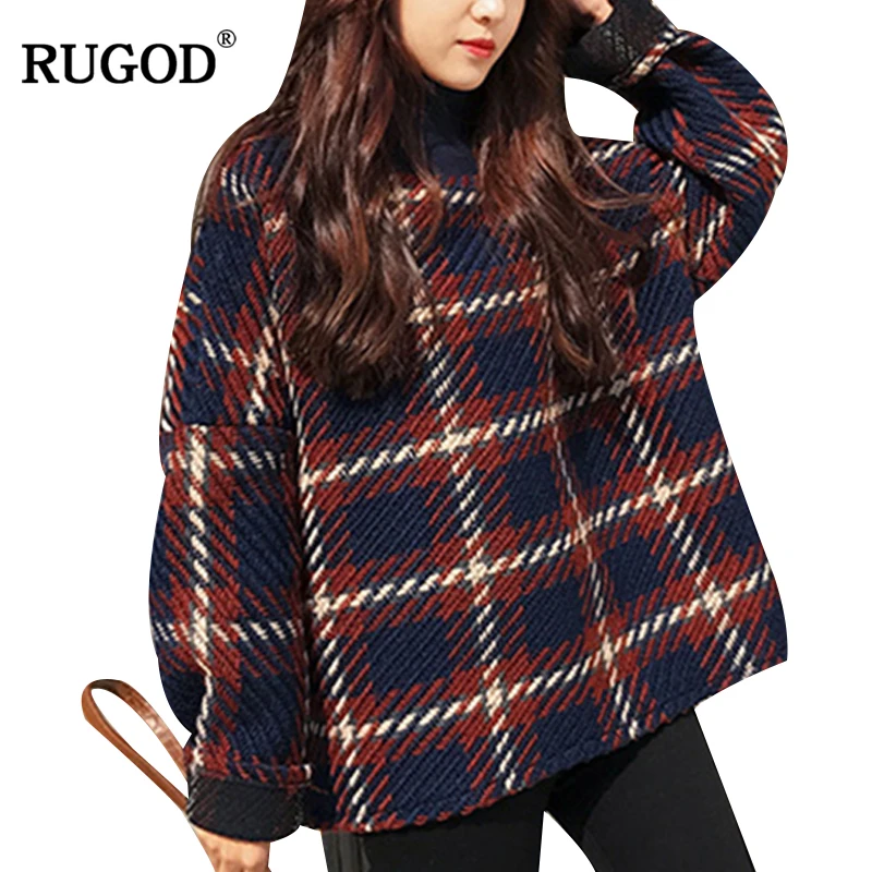 RUGOD New Vintage Plaid Wool Coat Women 2018 Autumn Winter Turtleneck Pullover Woolen Jacket Thick Women Clothing Casaco Femme