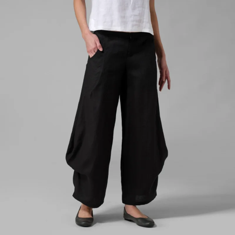 Большие летние штаны ZANZEA, женские широкие брюки с эластичной резинкой на талии, женские весенние однотонные брюки с оборками - Цвет: Черный
