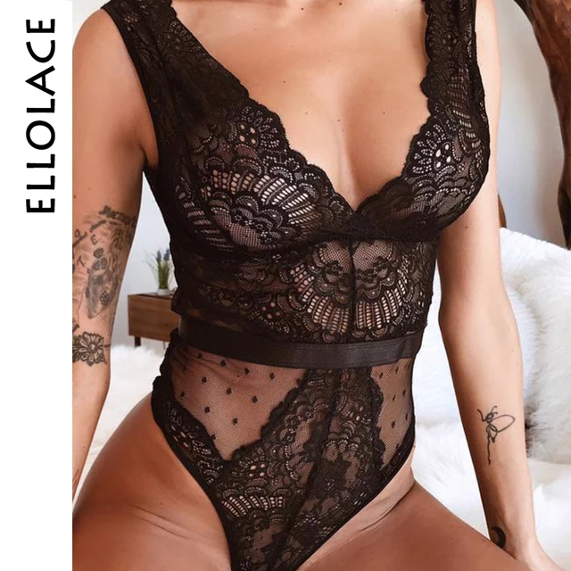 US $8.66 Ellolace Summer Lace Bodysuit Women Floral Embroidery Deep V Neck Sexy Bodysuit Dot Patchwork Jumps