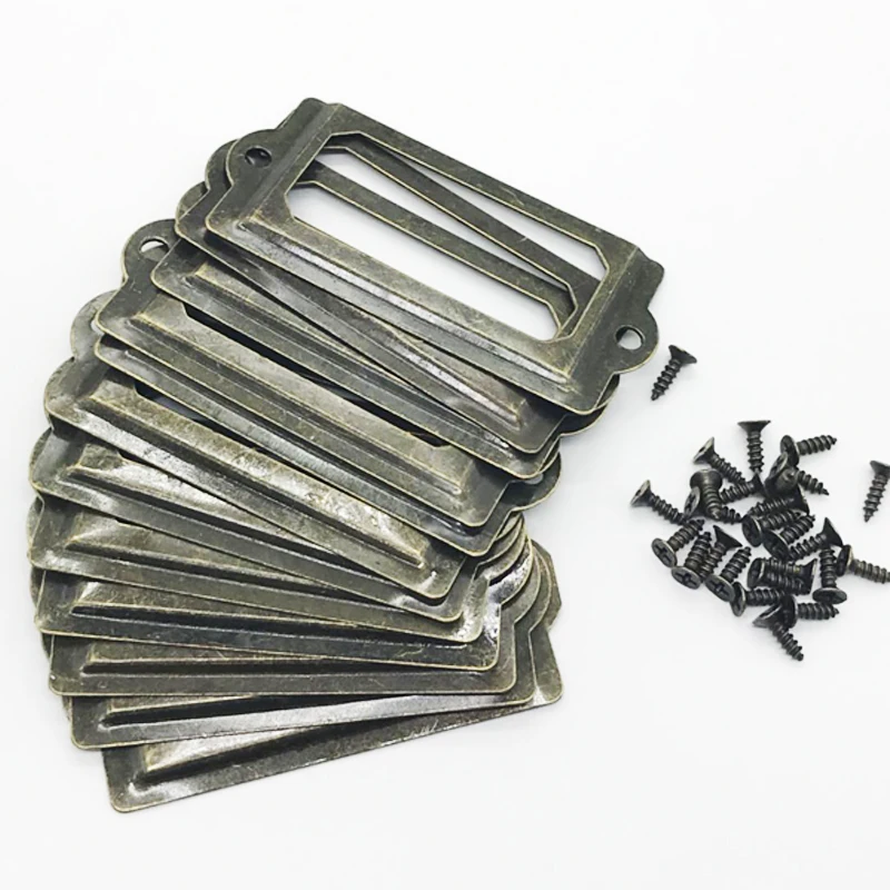 12Pcs/Set Antique Brass Metal Label Pull Frame Handle File Name Card Holder For Furniture Cabinet Drawer Box Case Bin