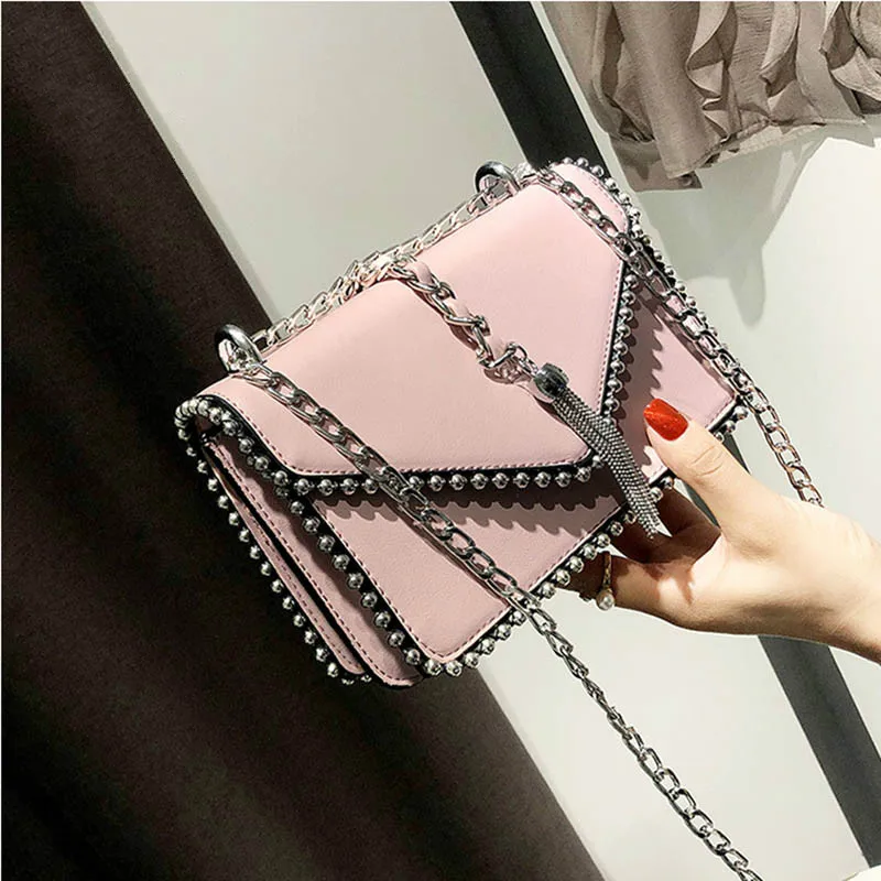 

2019 Fashion Simple Small Square bag Women's Designer Handbag High-quality PU leather Rivet Tassel Chain Shoulder bags