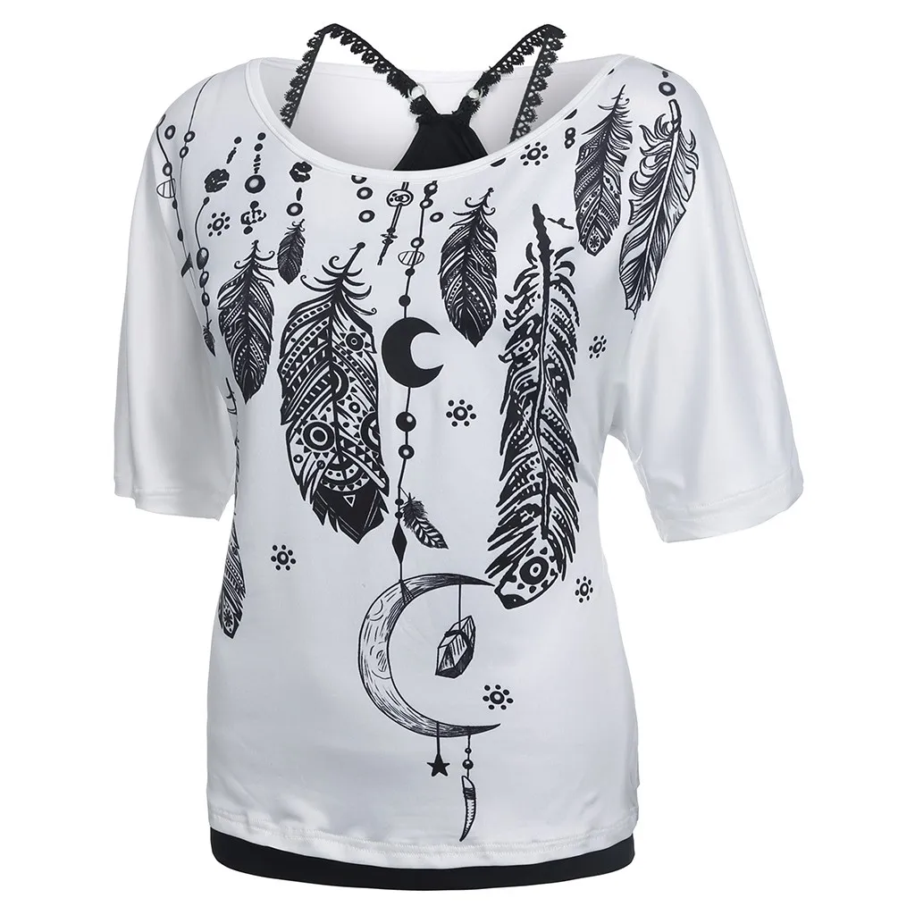 25 женская готическая модная футболка, Женская Повседневная футболка с круглым вырезом и принтом перьев, женские топы с коротким рукавом из двух частей