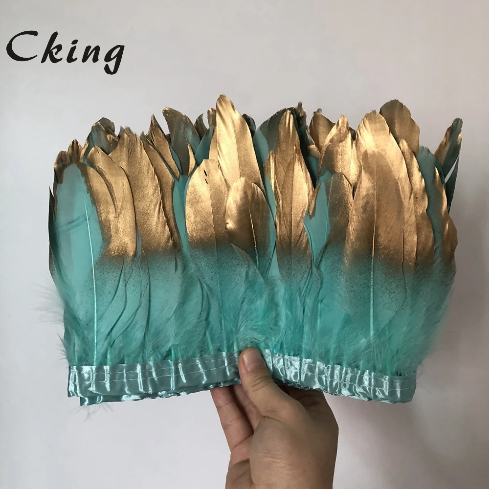 

Cking 6yard/lot gold paint spray goose feather trims 15-20cm Mint Green with gold tips goose feather fringe strips boa wedding