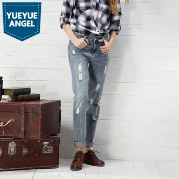 

Fashion Women Jeans Ripped Frayed Vintage Cotton High Waist Office Lady Denim Pencil Pants Loose Streetwear Harem Pants Trousers
